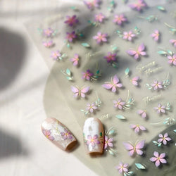 Charming Pink Purple Embroidery Gradual Butterfly Flowers Green Leaf 5D Tender Self Adhesive Nail Art Stickers Manicure Decals (ONLINE ORDER ONLY)