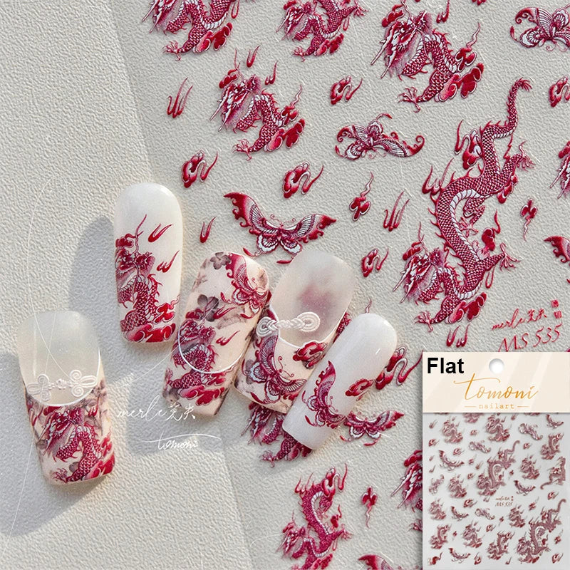 Retro Embroidered Dragon Red Pink Blue White Porcelain Chinese 3D Embossed Relief Self Adhesive Nail Art Stickers Manicure Decal (ONLINE ORDER ONLY)