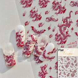 Retro Embroidered Dragon Red Pink Blue White Porcelain Chinese 3D Embossed Relief Self Adhesive Nail Art Stickers Manicure Decal (ONLINE ORDER ONLY)