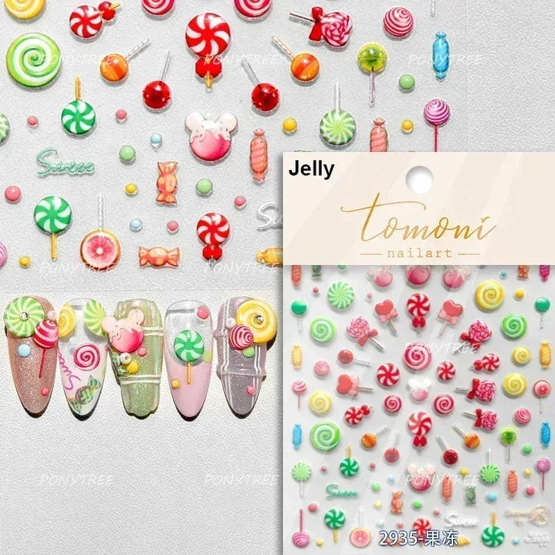 Colored Shiny Jelly Claw Paw Pudding Dessert Cherry Bowknot Cake Bow Tie Drink Food Love Heart Nail Art Sticker Manicure Decal (ONLINE ORDER ONLY)