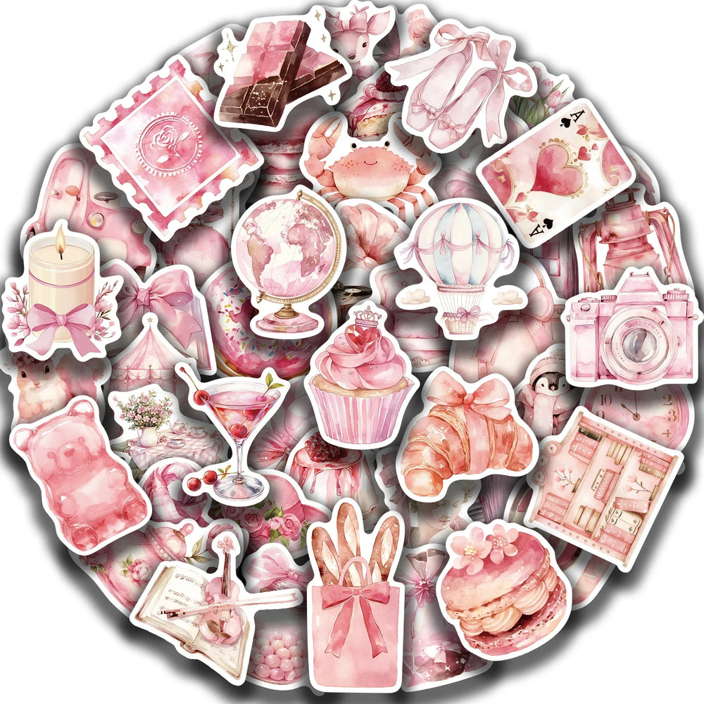 50pcs Pink Aesthetics Stickers Vinyl Decals DIY Skateboard Phone Laptop Car Luggage Bike Cool Waterproof Sticker (ONLINE ORDER ONLY)