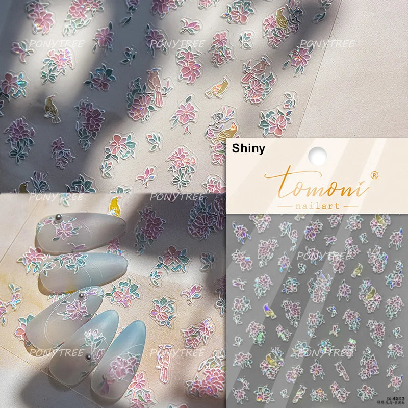 Pink Peach Blossom Flower White Pear Romantic Archaistic Swallow Window Adhesive Nail Art Stickers Rhinestone Manicure Decals (ONLINE ORDER ONLY)