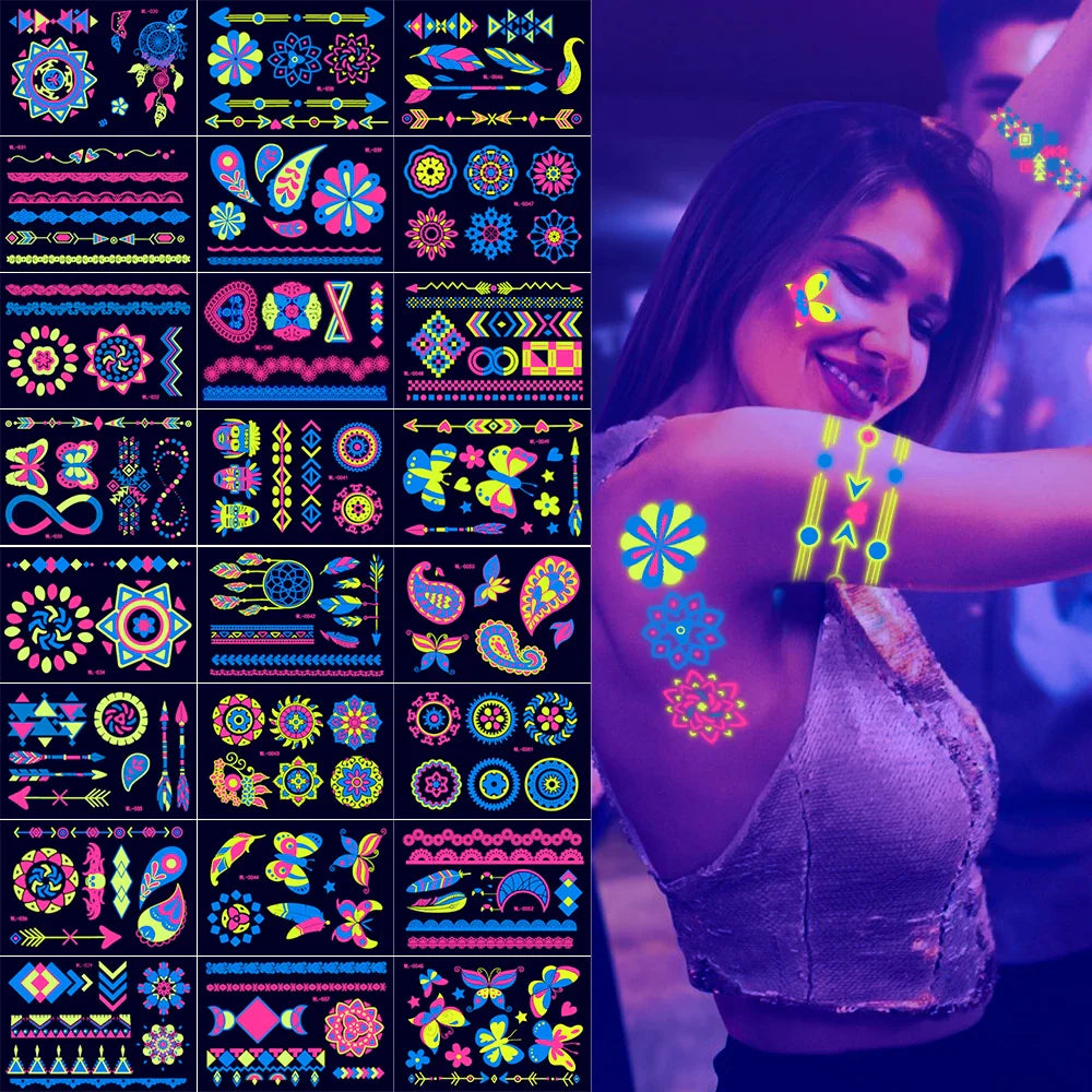1pc Bohemia Fluorescent Sticker Luminous Temporary Tattoos Stickers UV Glow Fluorescent Tattoo Waterproof For Body Art Decals *& (Online Order Only)