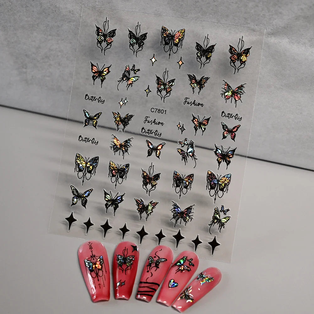 1pcs Butterfly Floral Nail Art Stickers Magic Shell Light Laser Black/White Nail Decoration Butterfly Slider Manicure Ornaments* (Online Order Only)