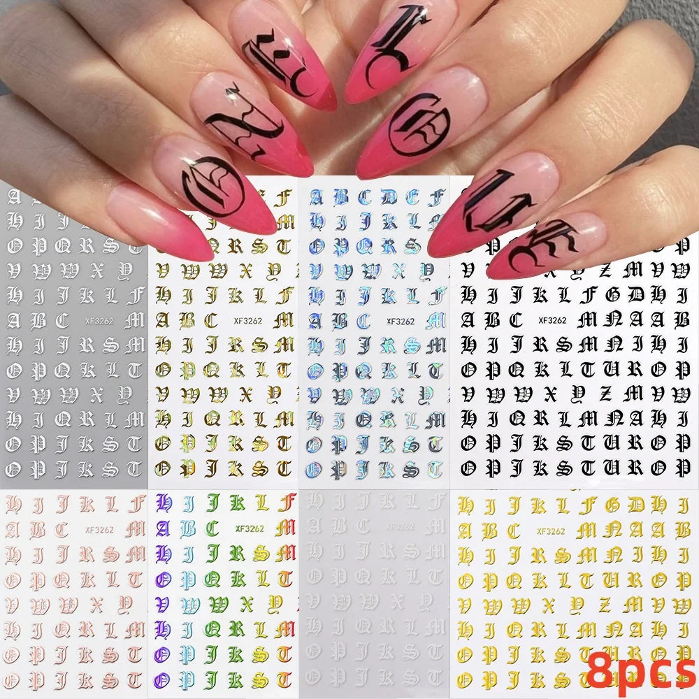 8pcs Gothic Alphabet Design Nail Art Stickers Retro English Letter Nail Art Stickers 3D Self-Adhesive Designs Nail Art Supplies* (Online Order Only)