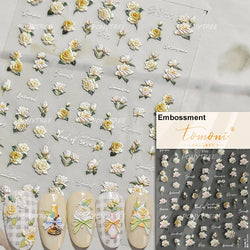 Oil Painting Style Rose Camellia Flower Vase Romantic Candle Holder Bowknot Embossed Adhesive Nail Art Stickers Manicure Decals (ONLINE ORDER ONLY)