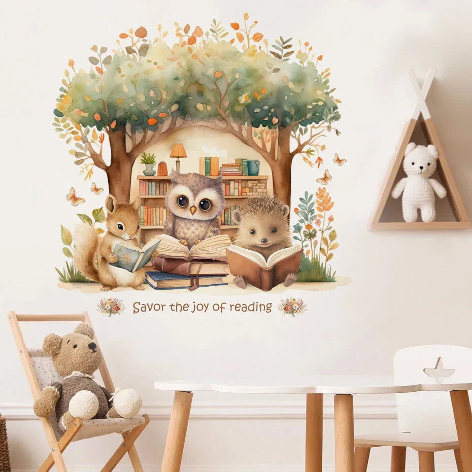 Cartoon Animal Reading Wall Stickers for Kids Room Decor (Online Order Only)