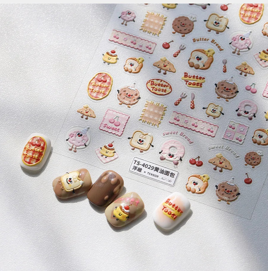 Toast Butter Brioche Bread Dim Sum Cookie Cherry Pudding Food Fork Doughnut Relief Adhesive Nail Art Stickers Manicure Decals (ONLINE ORDER ONLY)