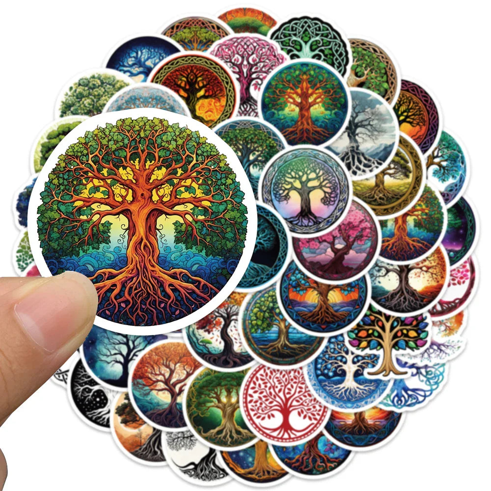 50pcs Aesthetic Cartoon Mysterious Life Trees Stickers Nature Water Bottle Decals Luggage Laptop Guitar Vinyl Car Sticker (ONLINE ORDER ONLY)