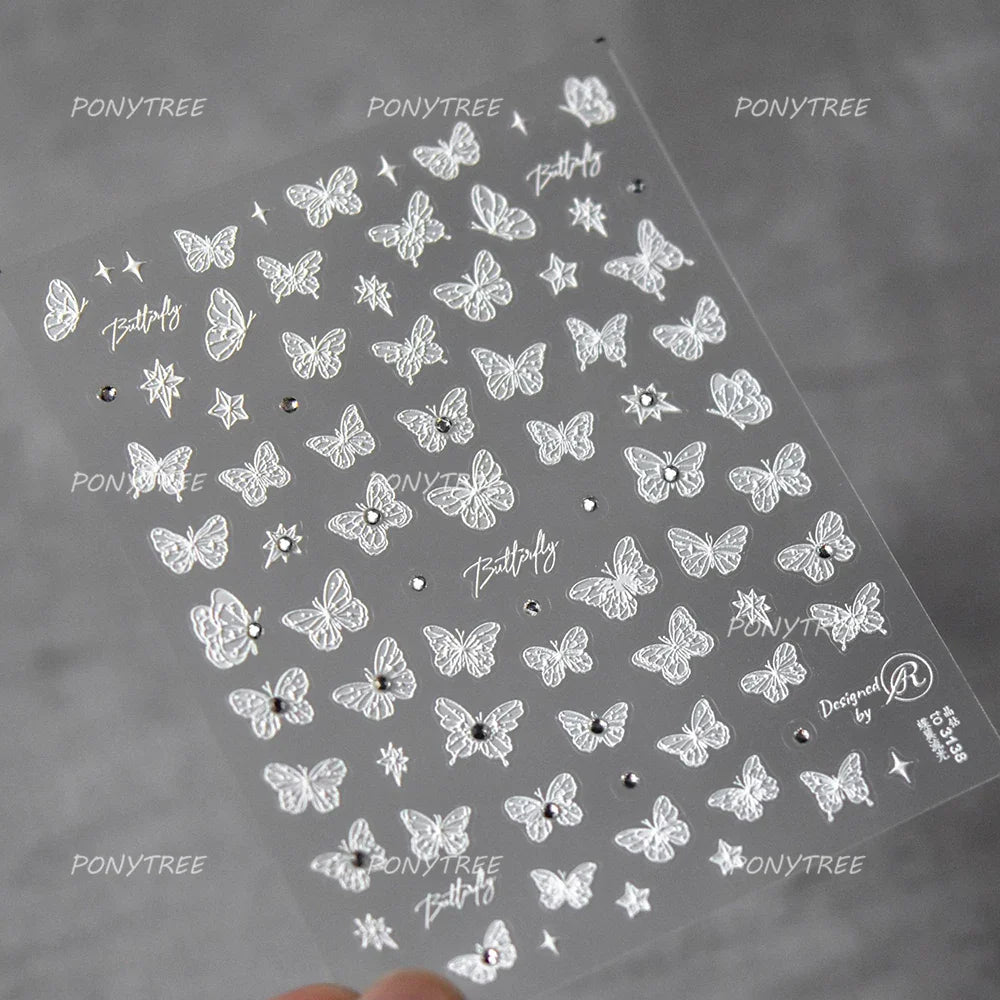 Chic Butterfly Flower Lily Lilium Narcissus Line Beautiful Blue Pearl Self Adhesive Nail Art Stickers Decorations Manicure Decal (Online Order Only)
