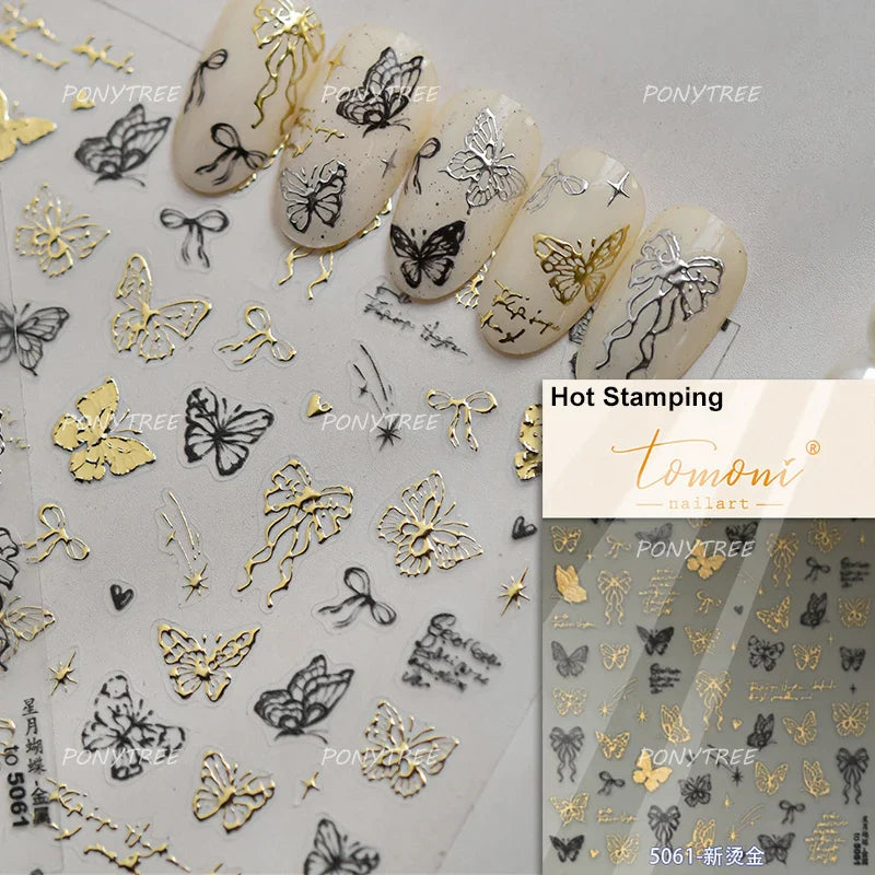 Charming Pink Purple Embroidery Gradual Butterfly Flowers Green Leaf 5D Tender Self Adhesive Nail Art Stickers Manicure Decals (ONLINE ORDER ONLY)
