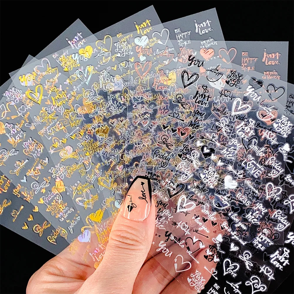 6Pcs Laser Gold Silver 3D Nail Art Stickers Heart Letter Nail Decoration DIY Foils (ONLINE ORDER ONLY)