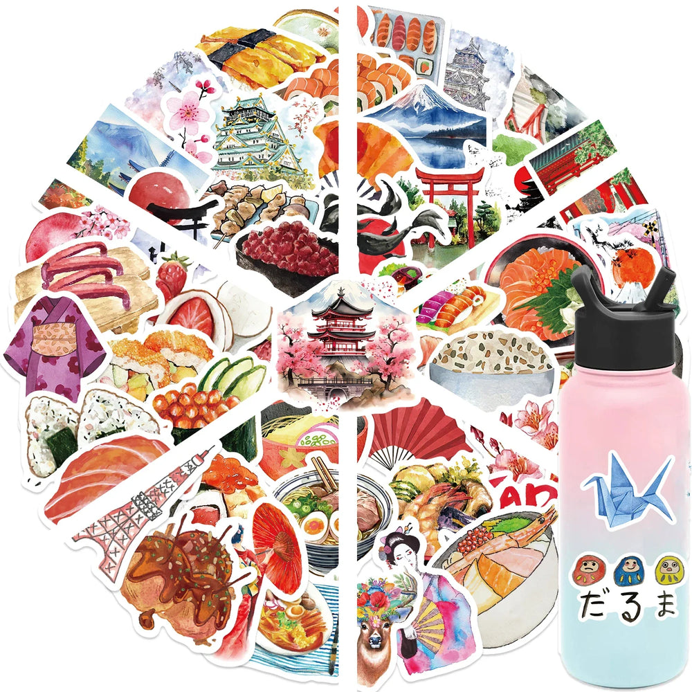 64pcs Watercolor Japan Travel Cartoon Graffiti Sticker DIY Phone Guitar Laptop Notebook Suitcase Cup Waterproof Sticker Kid Toy﻿ (Online Order Only)