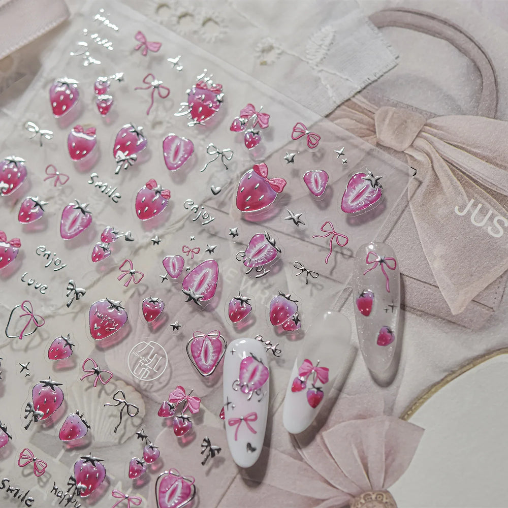 Pink Juicy Strawberry Fruit Cutting Line Ribbon Bowknot Star Happy Sweet Lovely Fruits Delicate Nail Art Stickers Manicure Decal (ONLINE ORDER ONLY)