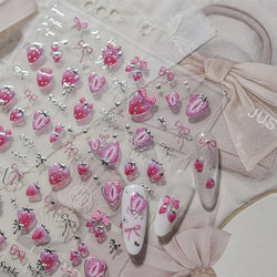 Pink Juicy Strawberry Fruit Cutting Line Ribbon Bowknot Star Happy Sweet Lovely Fruits Delicate Nail Art Stickers Manicure Decal (ONLINE ORDER ONLY)