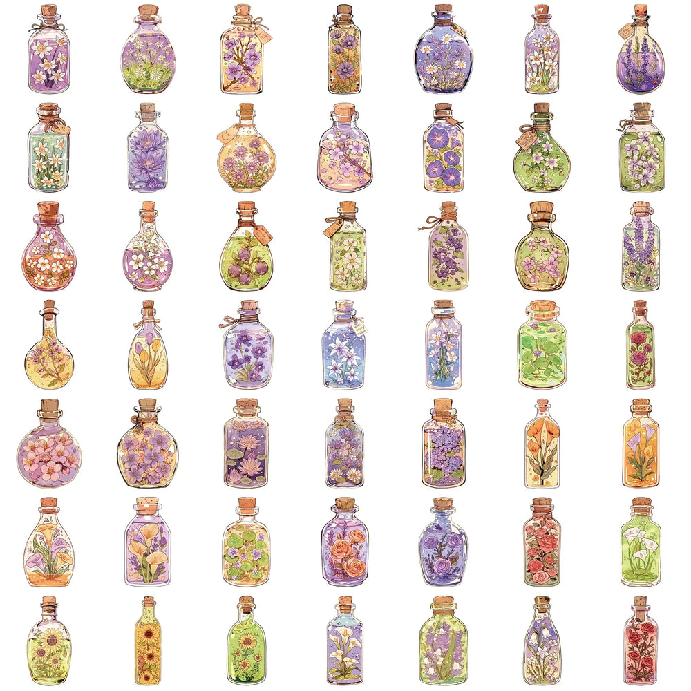 50pcs Colorful Fantasy Glass Flower Stickers Scrapbooking Decorative DIY Stationery Waterproof Journals Notebooks (Online Order Only)