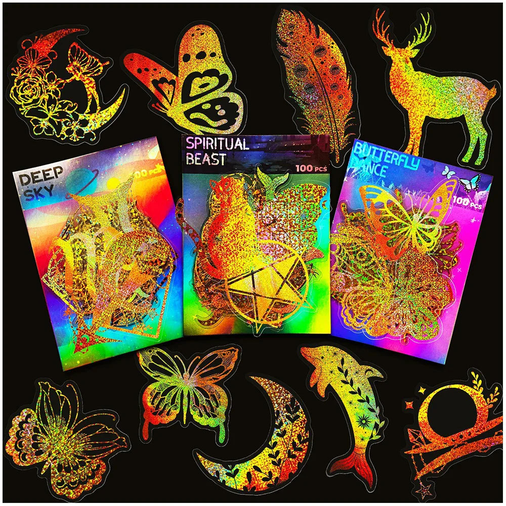 100pcs Cute Holographic Laser Butterfly Cartoon Stickers Animal Decals Laptop Notebook Phone Diary Decoration Sticker Kids Toys (ONLINE ORDER ONLY)