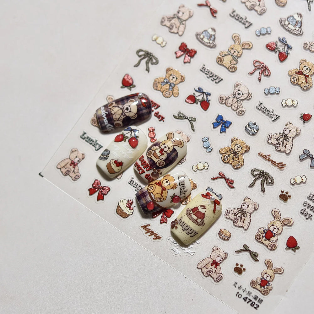 Charm Retro Bear Candy Cake Bowknot Rabbit Bunny Strawberry Footprint Muffin 3D Adhesive Nail Art Stickers Chic Manicure Decals (ONLINE ORDER ONLY)
