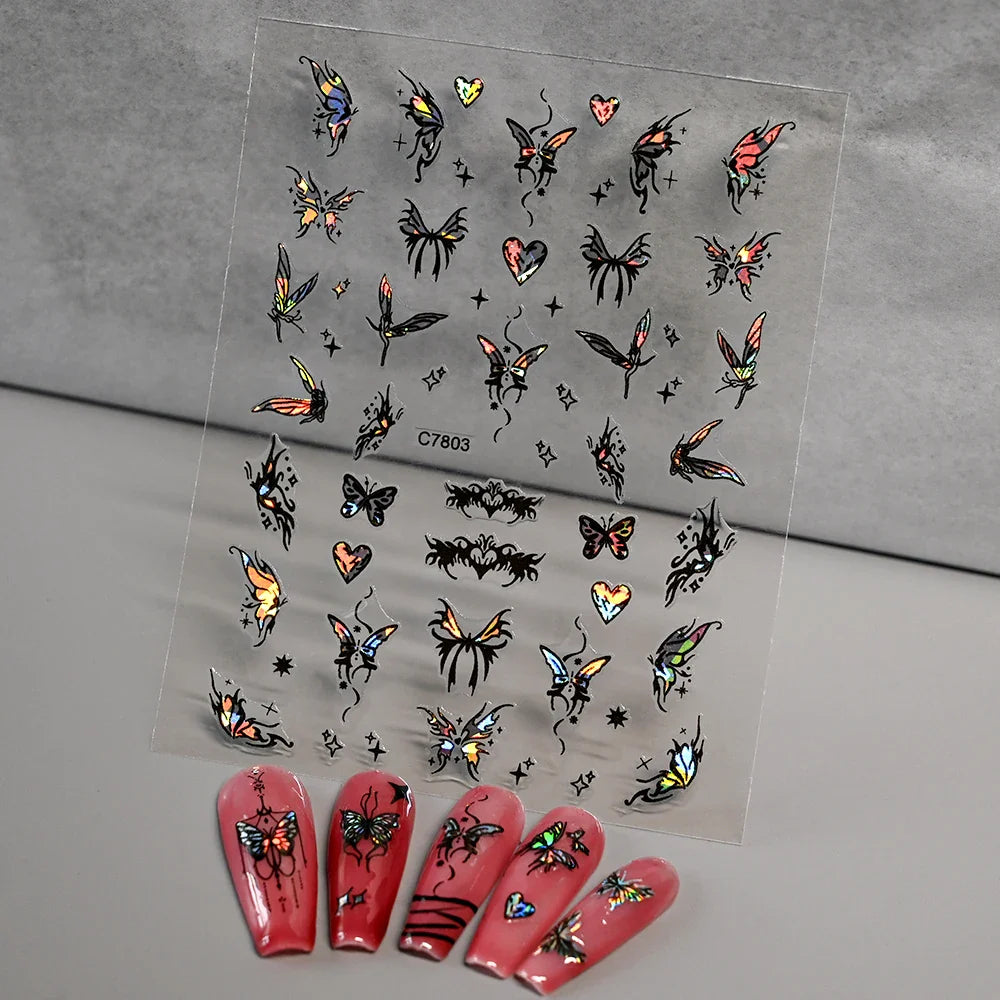 1pcs Butterfly Floral Nail Art Stickers Magic Shell Light Laser Black/White Nail Decoration Butterfly Slider Manicure Ornaments* (Online Order Only)