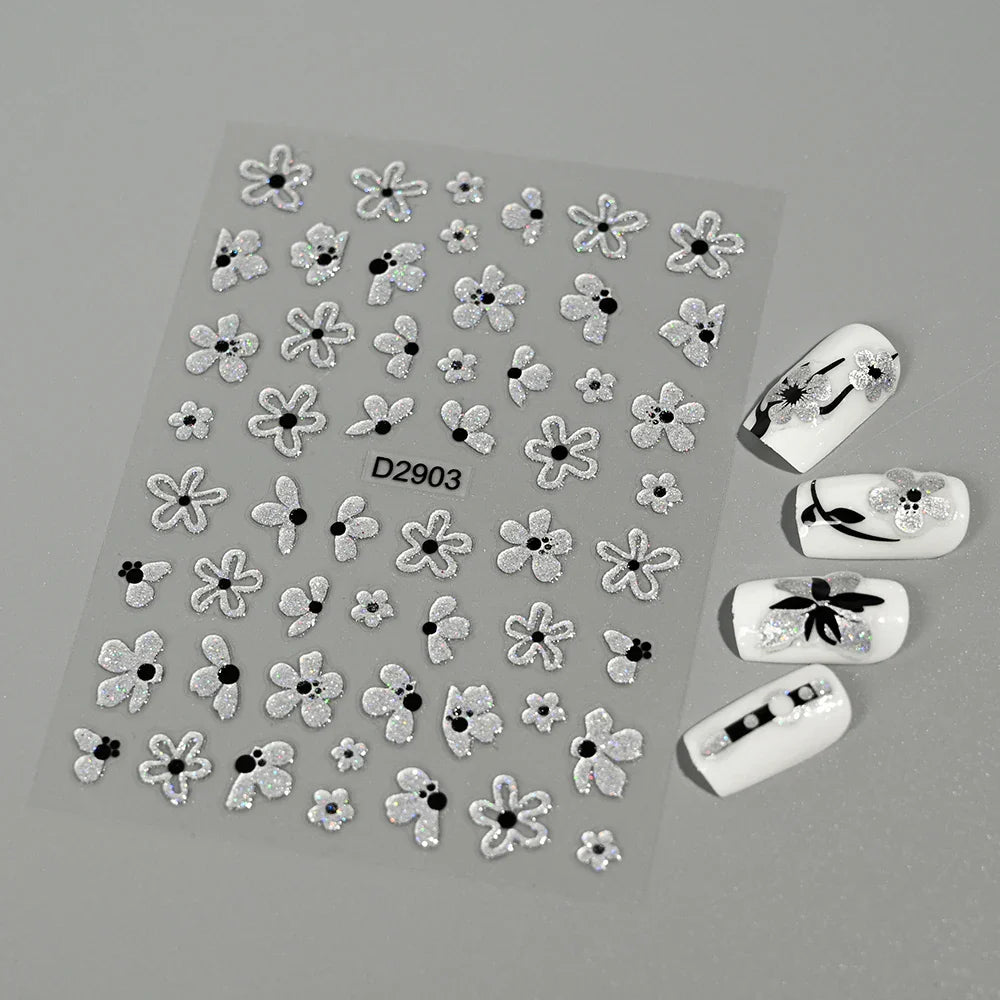 1pcs 5D Floral Nail Art Stickers Acrylic Flowers Decals with Glitter Self-Adhesive Elegant Silver Black Blossoms Theme Nail Art* (ONLINE ORDER ONLY)