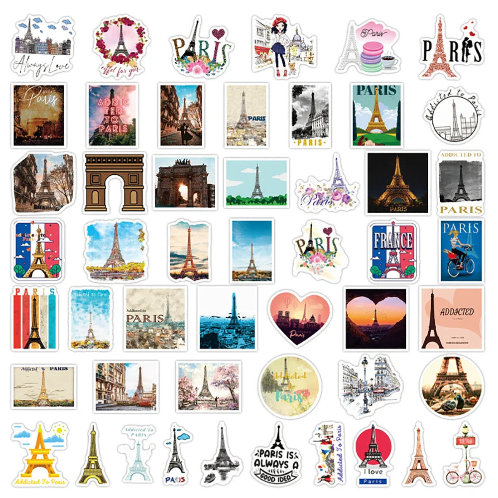 10/30/50PCS Paris Landscape Famous Buildings Stickers Decal Decorative DIY Phone Motorcycle Laptop Toy PVC Waterproof Sticker (ONLINE ORDER ONLY)