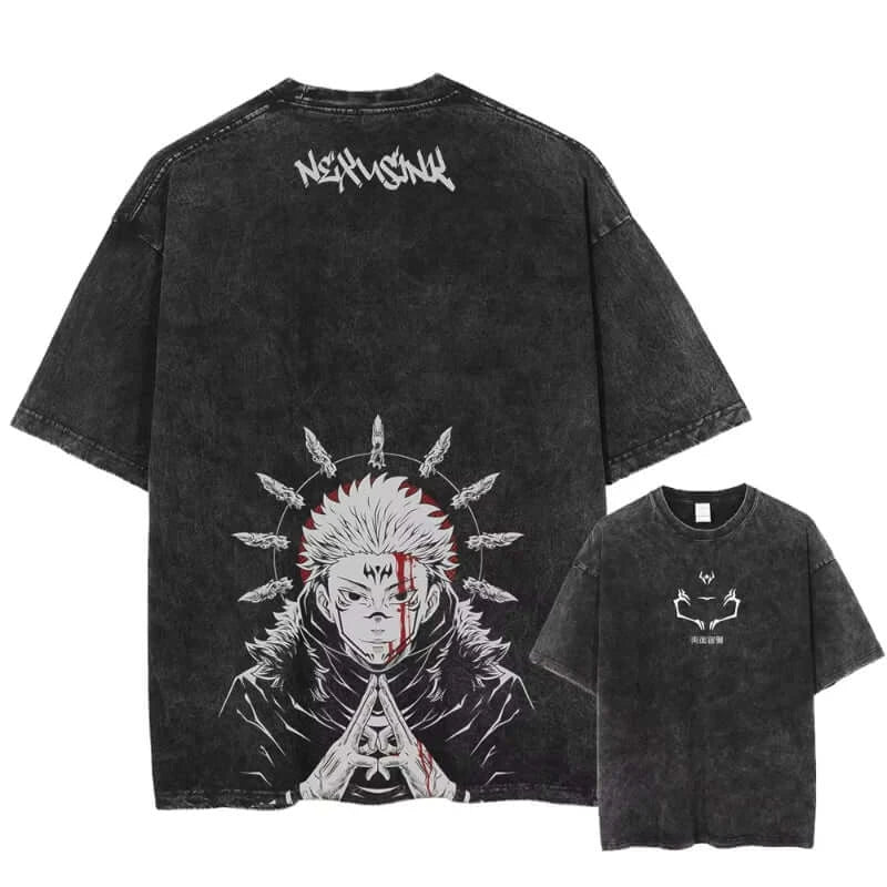 Ryomen Sukuna Washed T-Shirt: Harajuku Oversized Anime Tee (ONLINE ORDER ONLY)
