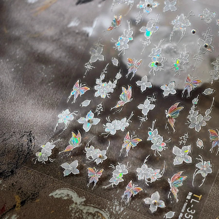 White Flower Colourful Butterfly Pearl Petal Beautiful Garden Charming Plant 5D Self Adhesive Nail Art Stickers Manicure Decals (ONLINE ORDER ONLY)