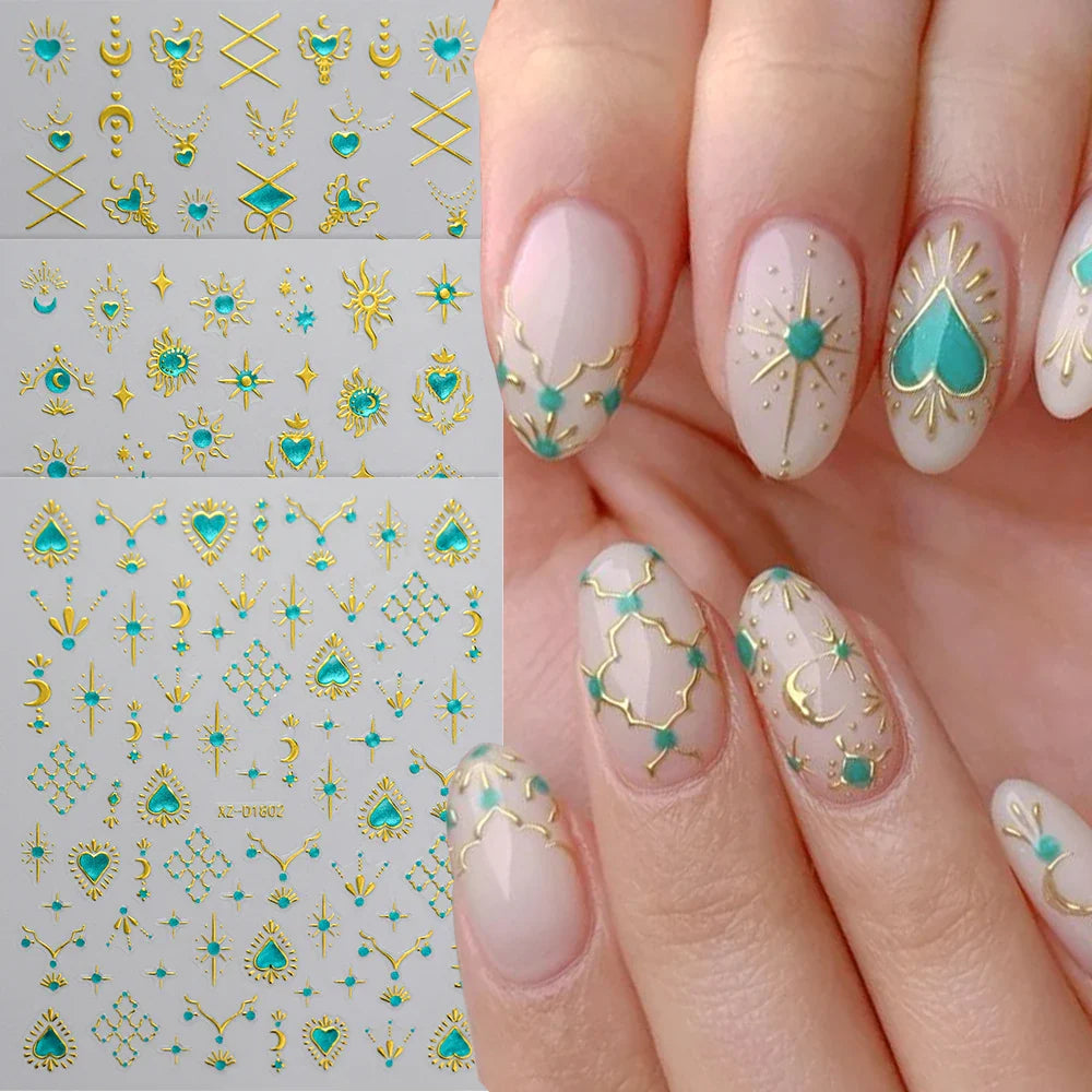 1pc Bohemian Valentine Nail Stickers 3D Self-Adhesive Fantasy Nail Art Glitter Sun, Heart, Lock, Star & Moon Designs Nail Decals (ONLINE ORDER ONLY)