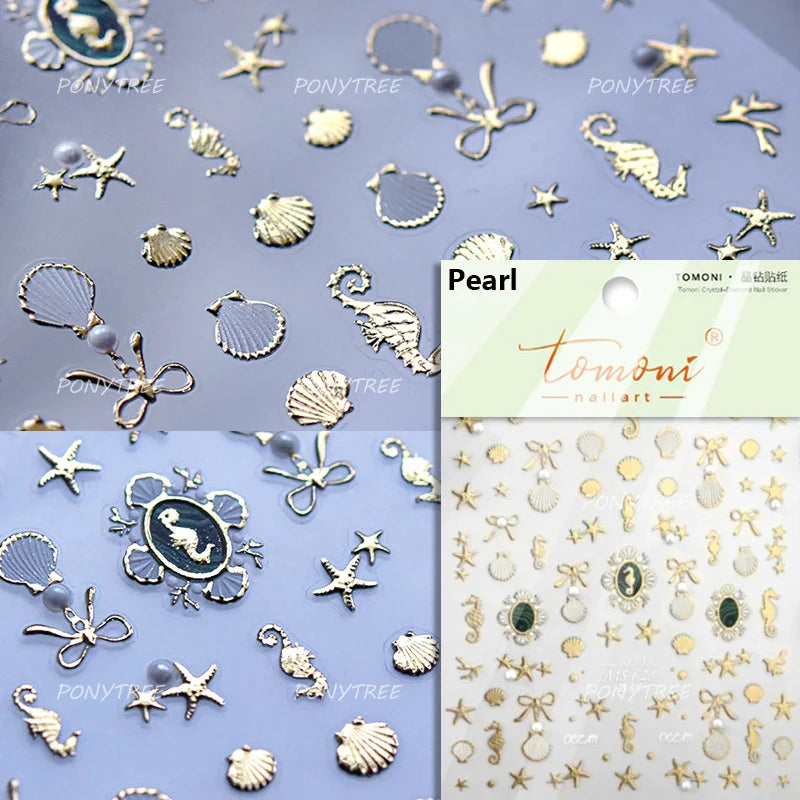 Marine Shell Starfish Ocean Elements Pearl Star Fishing Net Colourful Underwater Organisms 5D Nail Art Stickers Manicure Decals (Online Order Only)
