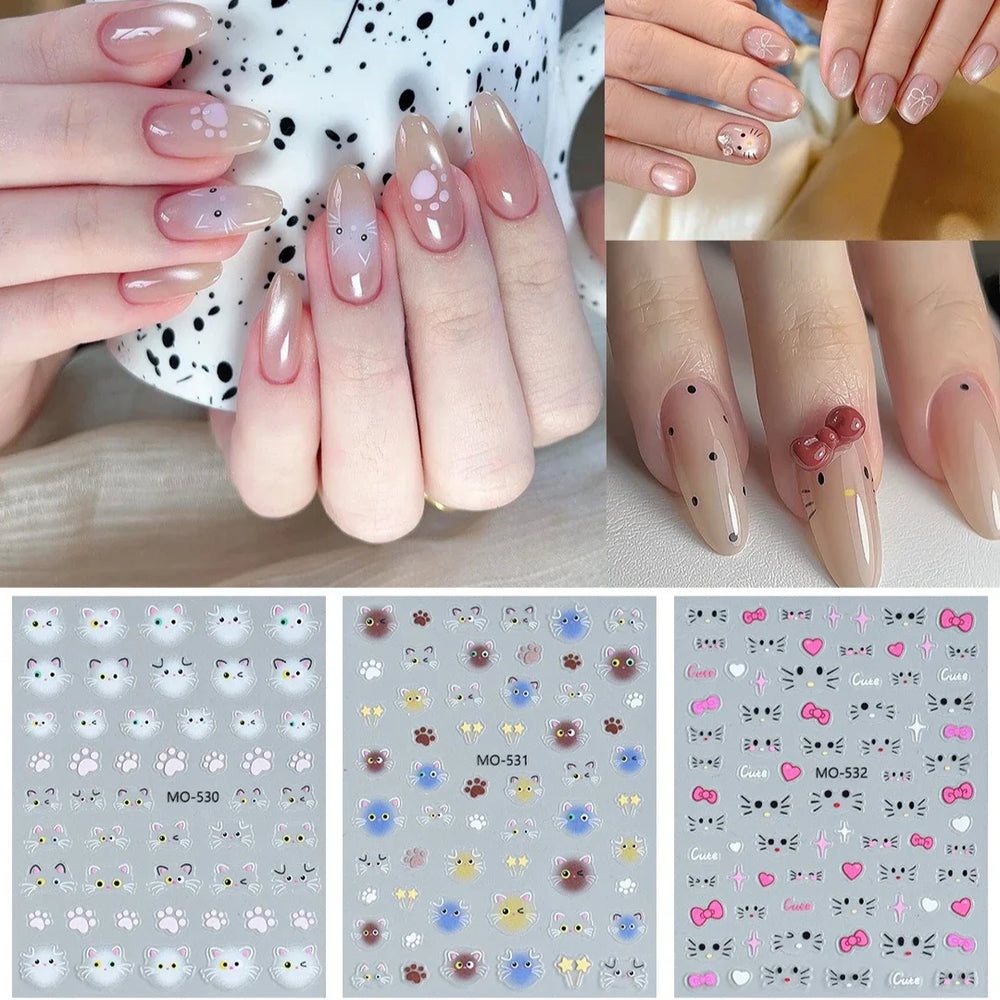Lovely Cartoon Halo Dyeing Cat Bowkbot Paw Kitten Star Love Charming Self Adhesive Nail Art Sticker Cute Animals Manicure Decal (ONLINE ORDER ONLY)