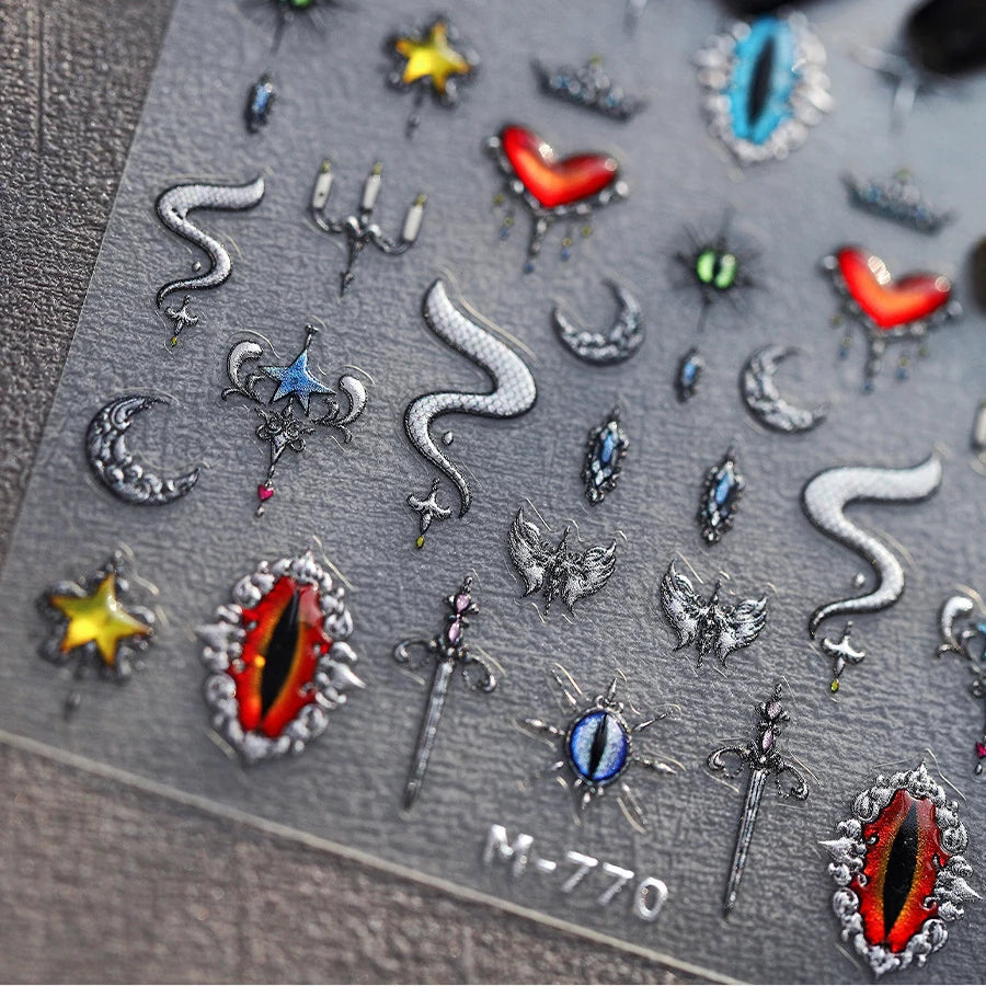 Glitter Star Snake Moon Darkness Eye Love Heart Crown Sword Self Adhesive Nail Art Stickers Punk Jelly Angel Wing Manicure Decal (ONLINE ORDER ONLY)