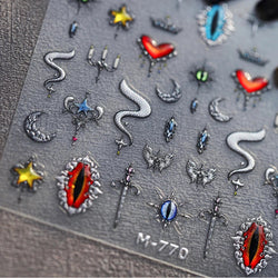 Glitter Star Snake Moon Darkness Eye Love Heart Crown Sword Self Adhesive Nail Art Stickers Punk Jelly Angel Wing Manicure Decal (ONLINE ORDER ONLY)
