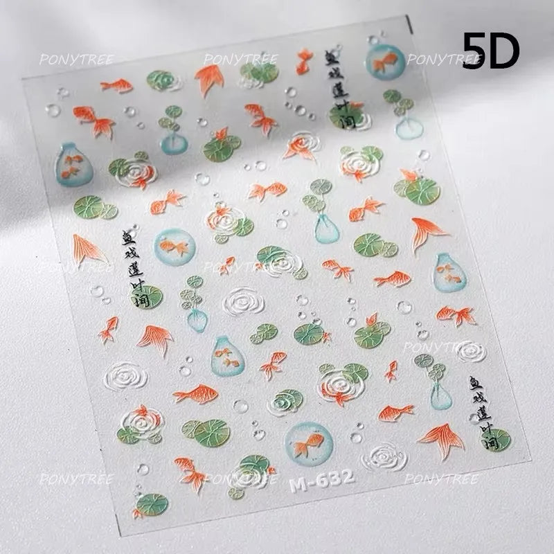 Lotus Flower Leaf Goldfish Ripple Wavelet Water Droplet Lotus Pond Brocaded Carp Self Adhesive Nail Art Stickers Manicure Decals (Online Order Only)