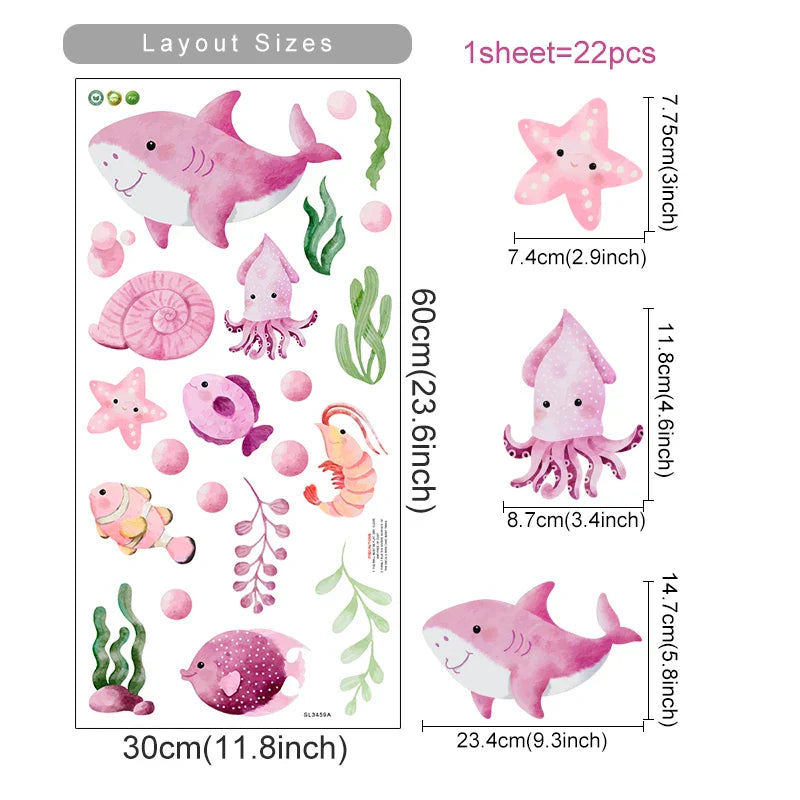 Cute Shark Turtle Seaweed Wall Stickers for Bedroom Nursery Decor (Online Order Only)