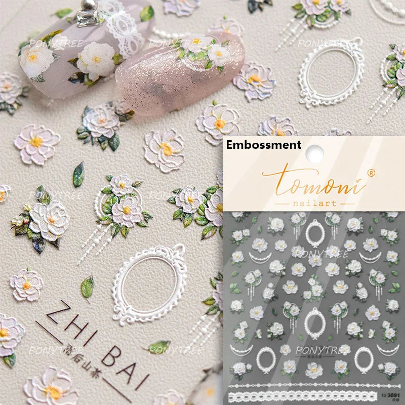Oil Painting Style Rose Camellia Flower Vase Romantic Candle Holder Bowknot Embossed Adhesive Nail Art Stickers Manicure Decals (ONLINE ORDER ONLY)