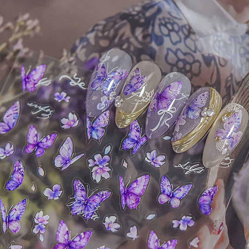 Delicate Tender Purple Butterfly Seal Pattern Insect Shiny Golden Stroke Nail Art Decoration Sticker Dressy Laser Manicure Decal (ONLINE ORDER ONLY)