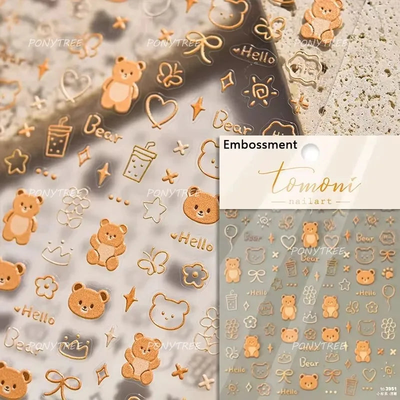 Cute Bear Teddy Birthday Party Maillard Bear Cake Flower Bouquet Lucky Love Heart 5D Adhesive Nail Art Sticker Manicure Decals (Online Order Only)
