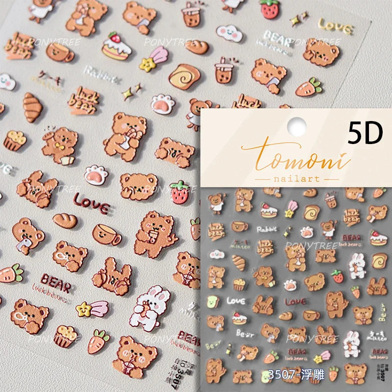 Cute Bear Teddy Birthday Party Maillard Bear Cake Flower Bouquet Lucky Love Heart 5D Adhesive Nail Art Sticker Manicure Decals (Online Order Only)