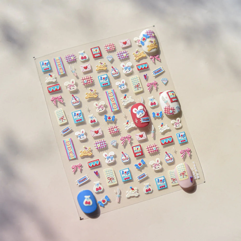 Graffiti Rabbit Dog Bunny Milk Strawberry Jewel Candy Knife Envelope Soft Relief Adhesive Nail Art Stickers Cute Manicure Decals (Online Order Only)