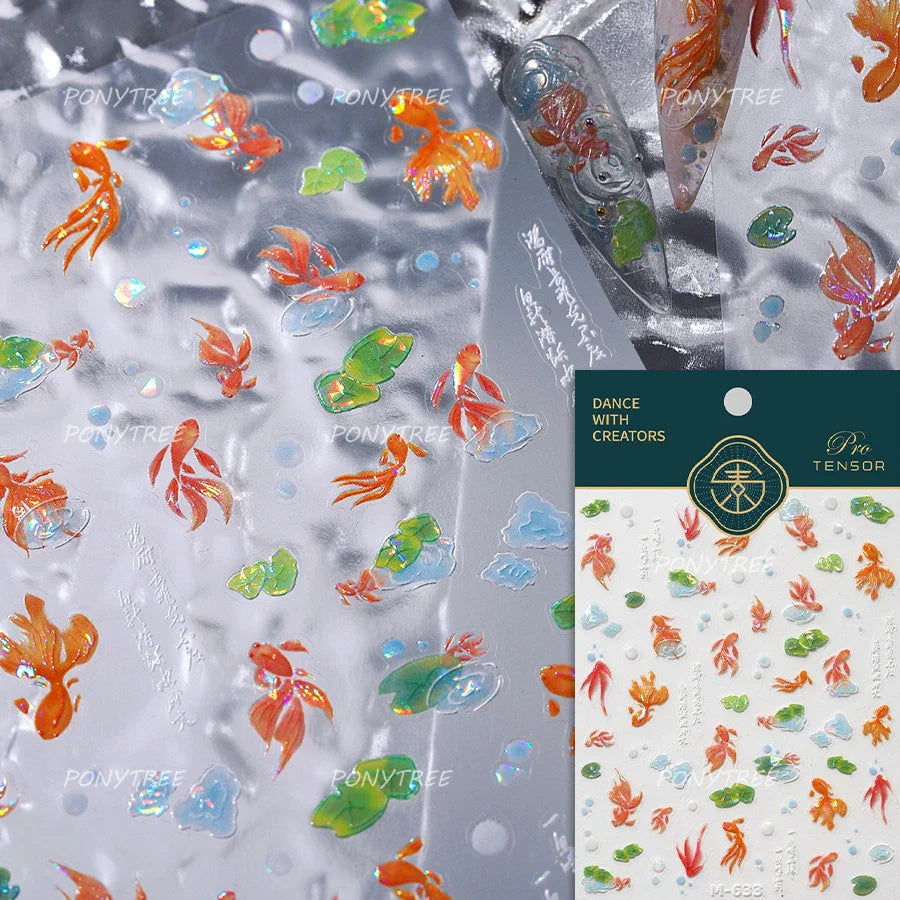 Lotus Flower Leaf Goldfish Ripple Wavelet Water Droplet Lotus Pond Brocaded Carp Self Adhesive Nail Art Stickers Manicure Decals (Online Order Only)