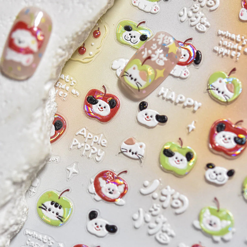 Cute Apple Fruit Dog Puppy Cat Kitten Adhesive Nail Art Sticker Charming Delicate Rhinestone Shiny Manicure Decals Nail Supplies (ONLINE ORDER ONLY)