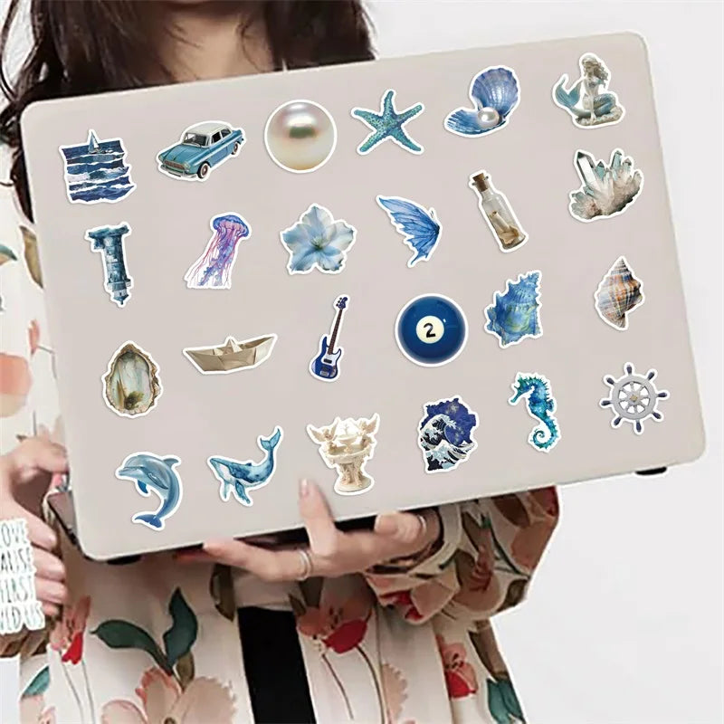 10/30/50PCS Silver Blue Sea PVC Sticker Aesthetic Decoration Scrapbooking Korean Stationery Hand Accounting Supplies for Kids (ONLINE ORDER ONLY)