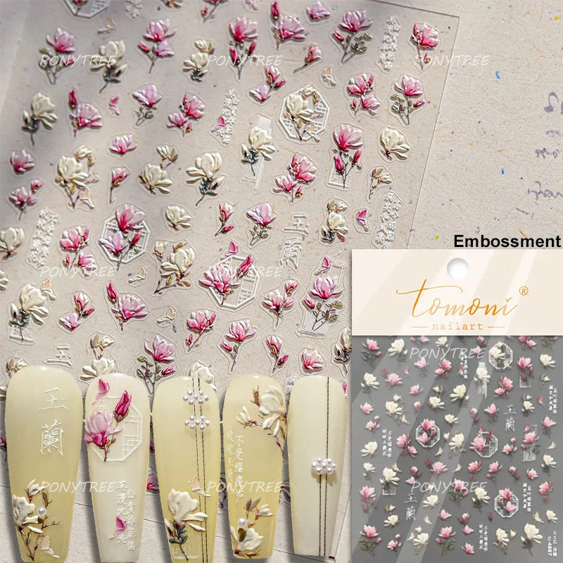 Spring Living Peach Blossom Flower Branch Petal Antique Soft Relief Adhesive Chinese Characters Nail Art Sticker Manicure Decals (ONLINE ORDER ONLY)