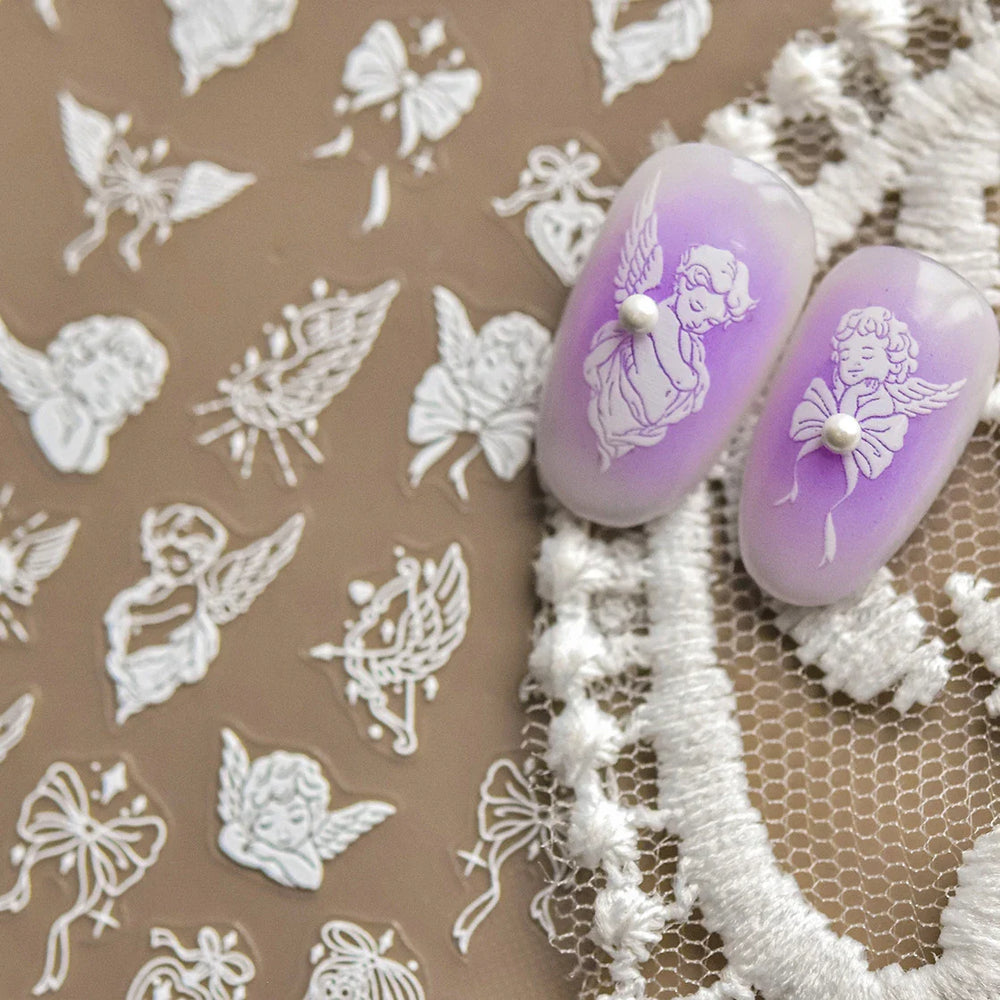 White Pink Baby Child Angel Wing Heart Bowknot Leaves Key Star Cupid's Arrow Archery Adhesive Nail Art Stickers Manicure Decals (ONLINE ORDER ONLY)