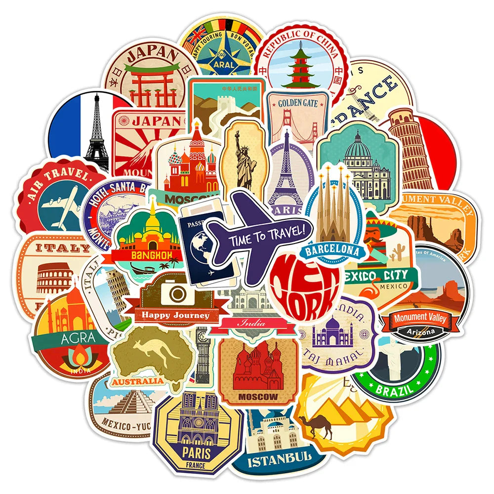 10/30/50PCS Building Landmark Vintage Travel Stickers Graffiti DIY Phone Luggage Laptop Guitar Suitcase Skateboard Kids Sticker (ONLINE ORDER ONLY)
