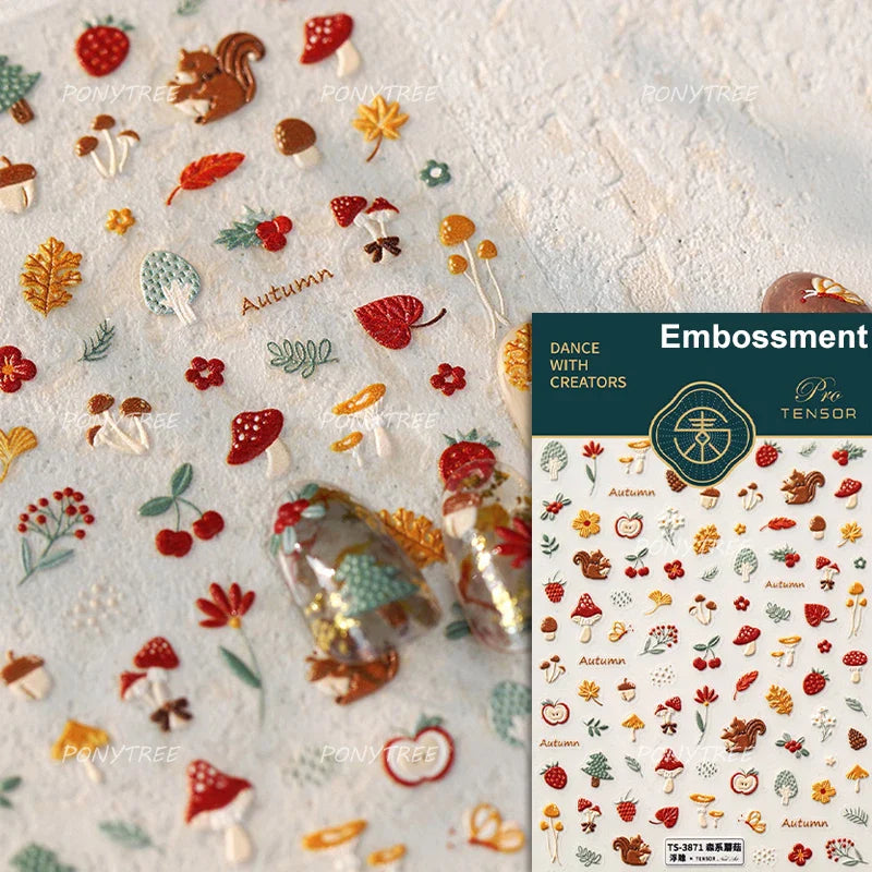 Squirrel Mushroom Apple Strawberry Cherry Pinecone Ginkgo Leaf Self Adhesive Nail Art Stickers Butterfly Flower Manicure Decals (ONLINE ORDER ONLY)