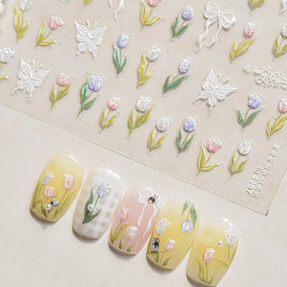 Cute  Pink Blue Nature Tulip Star Heart Butterfly Peach Blossom Jelly Embossed Relief Adhesive Nail Art Stickers Manicure Decals (ONLINE ORDER ONLY)