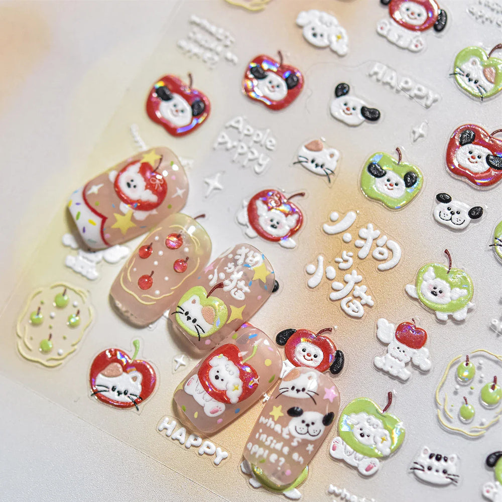 Cute Apple Fruit Dog Puppy Cat Kitten Adhesive Nail Art Sticker Charming Delicate Rhinestone Shiny Manicure Decals Nail Supplies (ONLINE ORDER ONLY)