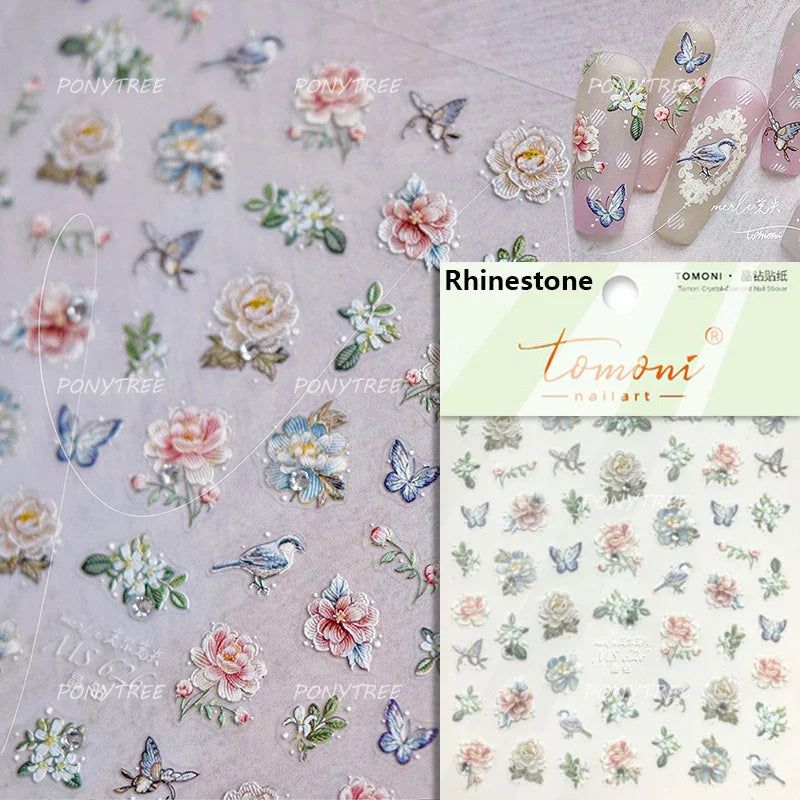 Oil Painting Style Rose Camellia Flower Vase Romantic Candle Holder Bowknot Embossed Adhesive Nail Art Stickers Manicure Decals (ONLINE ORDER ONLY)