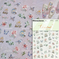 Oil Painting Style Rose Camellia Flower Vase Romantic Candle Holder Bowknot Embossed Adhesive Nail Art Stickers Manicure Decals (ONLINE ORDER ONLY)